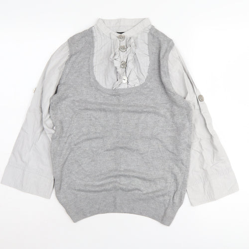 Next Women Grey Knit Top, Size 12, Collared Button Accent