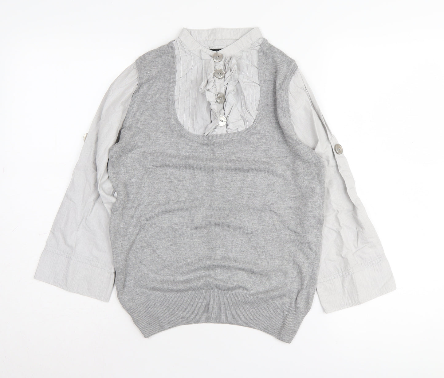 Next Women Grey Knit Top, Size 12, Collared Button Accent