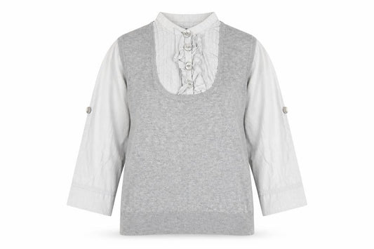 Front view of Next Women Grey Knit Top, size 12, Collared Button Accent
