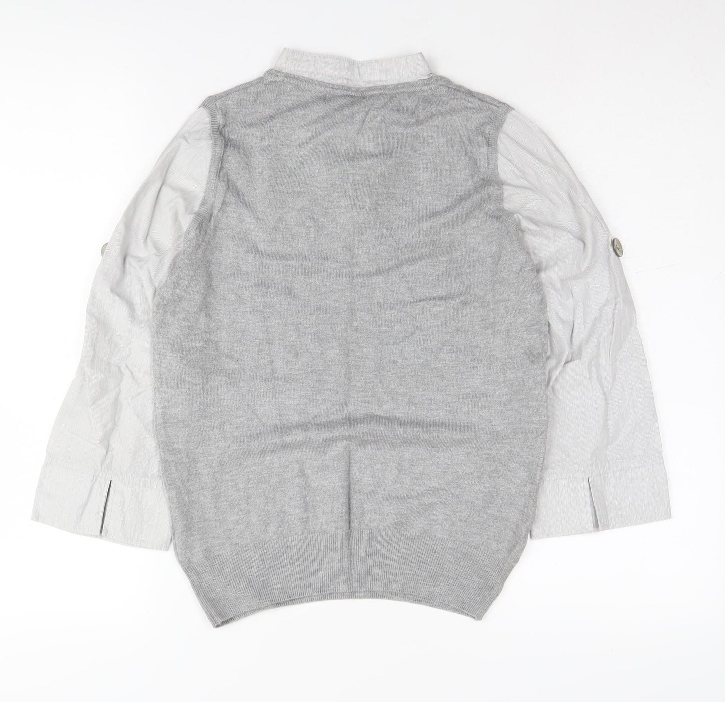 Next Women Grey Knit Top, Size 12, Collared Button Accent