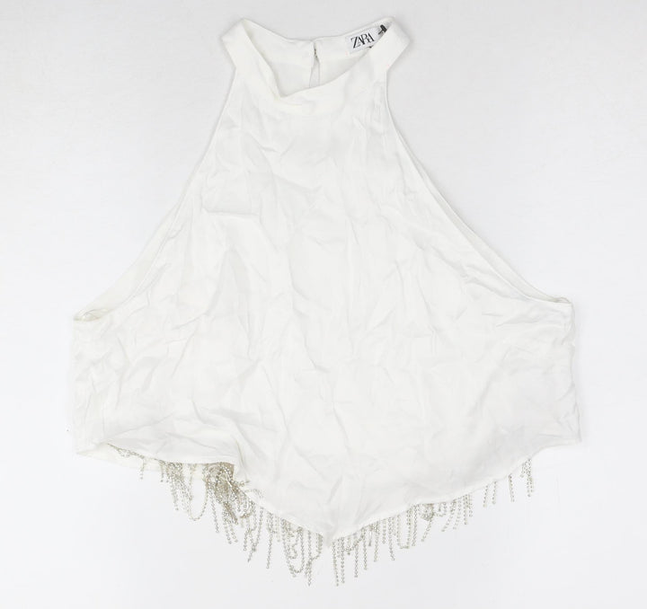 Zara Women's White Halter Beaded Wrap Top - M