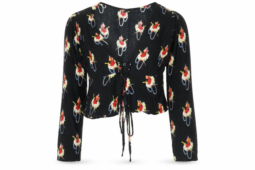 Front view of Model Women's Black Floral Cropped Blouse, size S