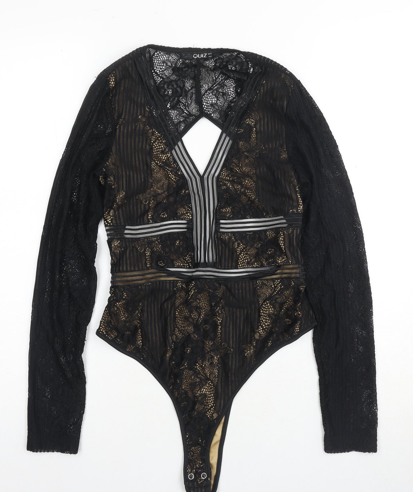 Quiz Women's Black Lace Bodysuit Size 12 Stretch, Open Back