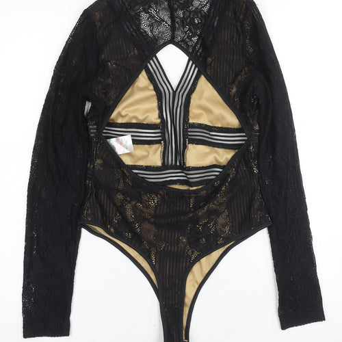 Quiz Women's Black Lace Bodysuit Size 12 Stretch, Open Back