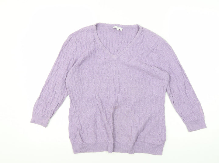 CC Petite Women's Purple Cable Knit V-Neck Pullover Jumper - Small