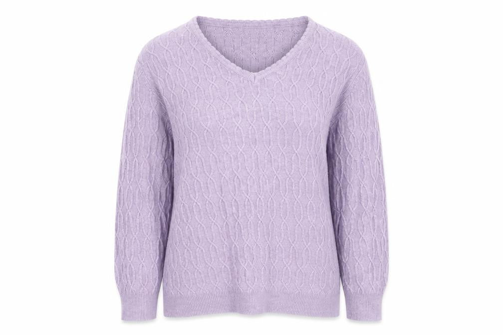 Front view of Country Casuals Petite Women's Purple Cable Knit V-Neck jumper - Small