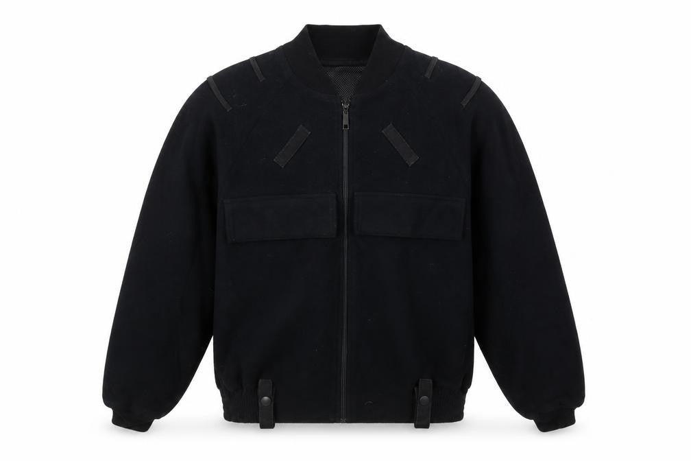 Front view of Feuchter Men's Black Bomber Jacket, size S, Winter Casual