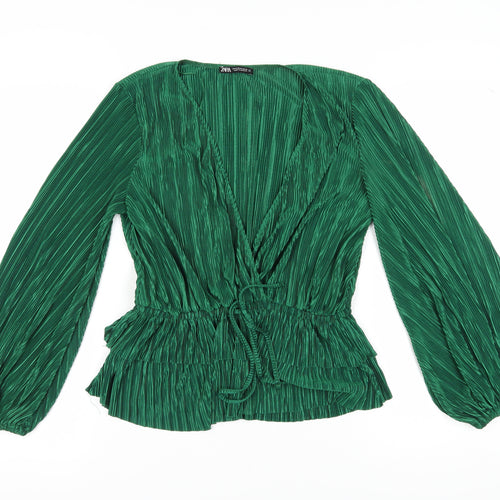 Zara Women’s Green Wrap Blouse, M, V-Neck, Balloon Sleeve