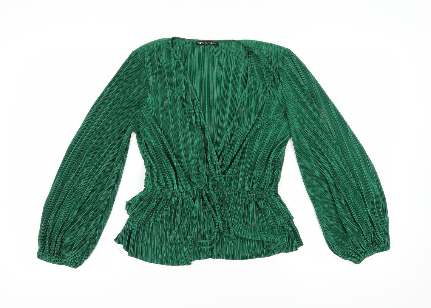 Zara Women’s Green Wrap Blouse, M, V-Neck, Balloon Sleeve