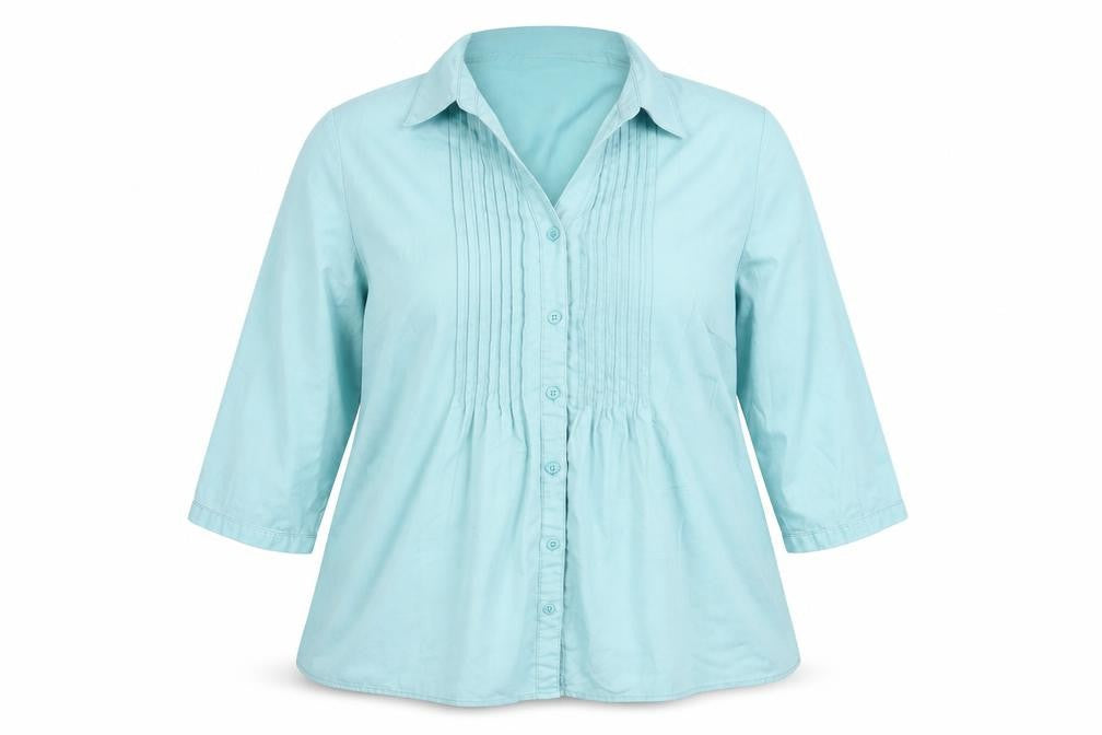 Front view of EWM Women's Blue Button-Up Shirt, size 18