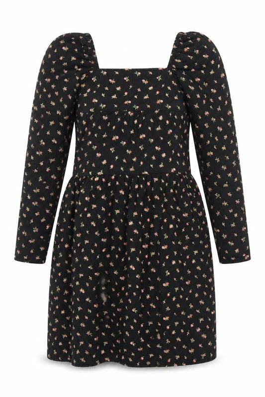 Front view of ASOS DESIGN Women's Black Floral A-Line Puff Sleeve Dress