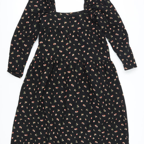 ASOS DESIGN Women's Black Floral A-Line Puff Sleeve Dress