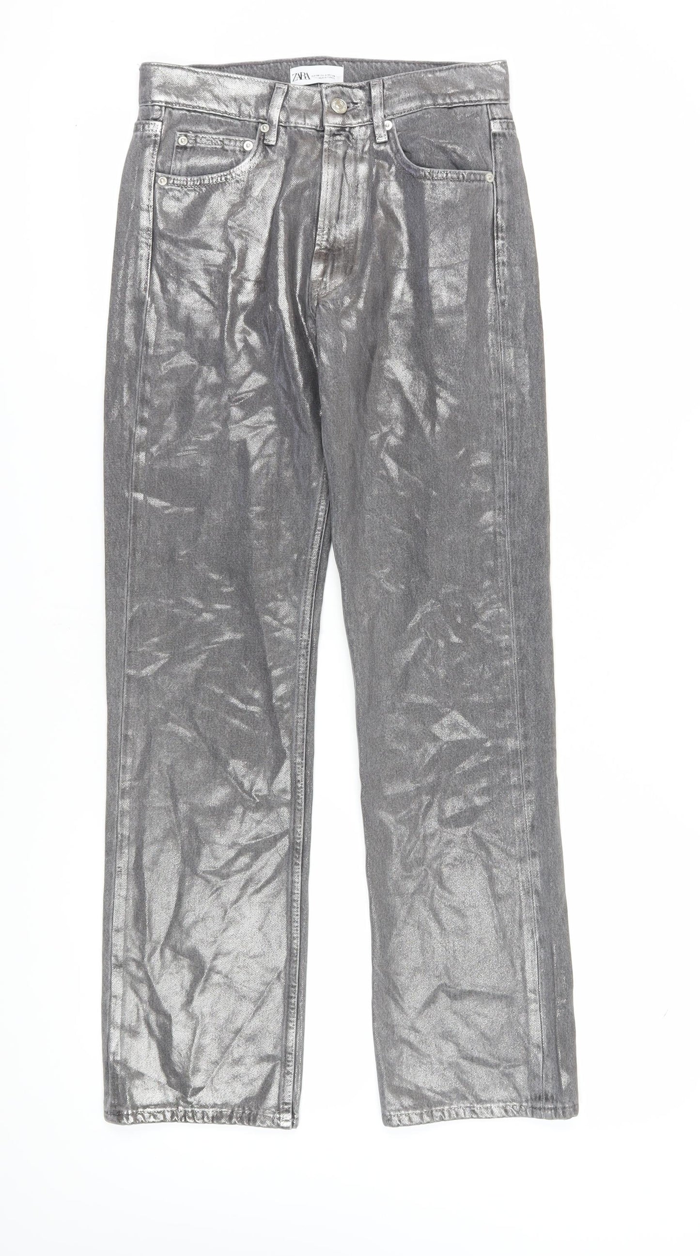 Zara Women's Silver Straight Leg Jeans, Size 6, Metallic
