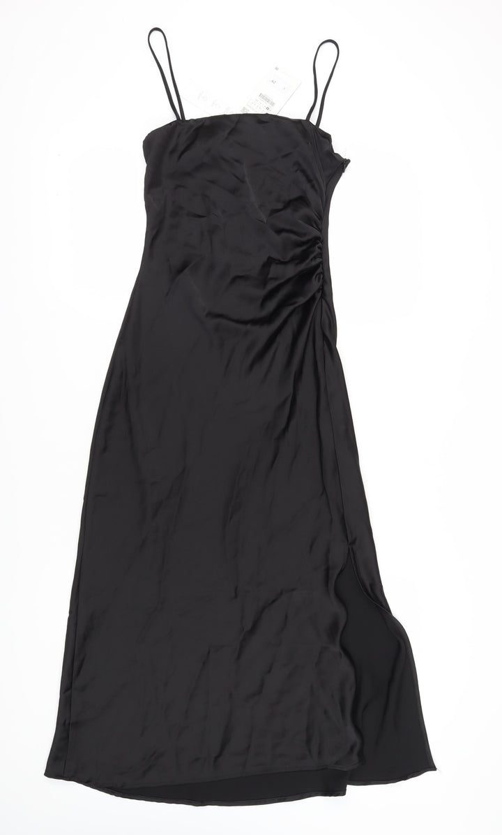 Zara Women's Black Slip Dress S - Elegant Midi Cocktail