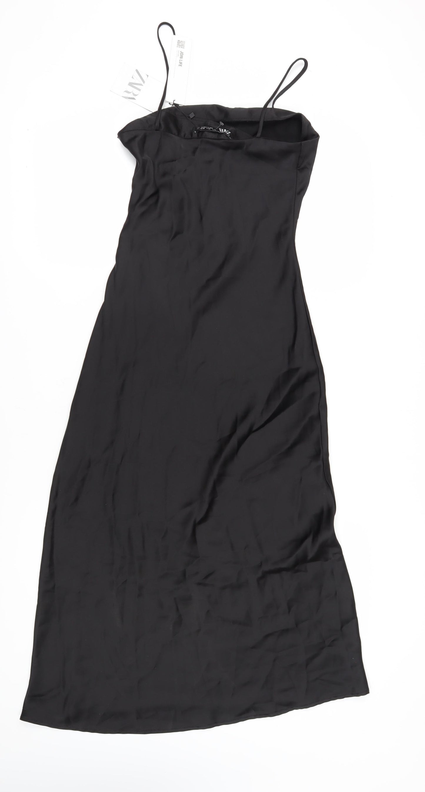 Zara Women's Black Slip Dress S - Elegant Midi Cocktail