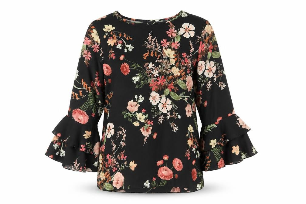 Front view of QUIZ Women's Black Floral Tunic Blouse, size 10