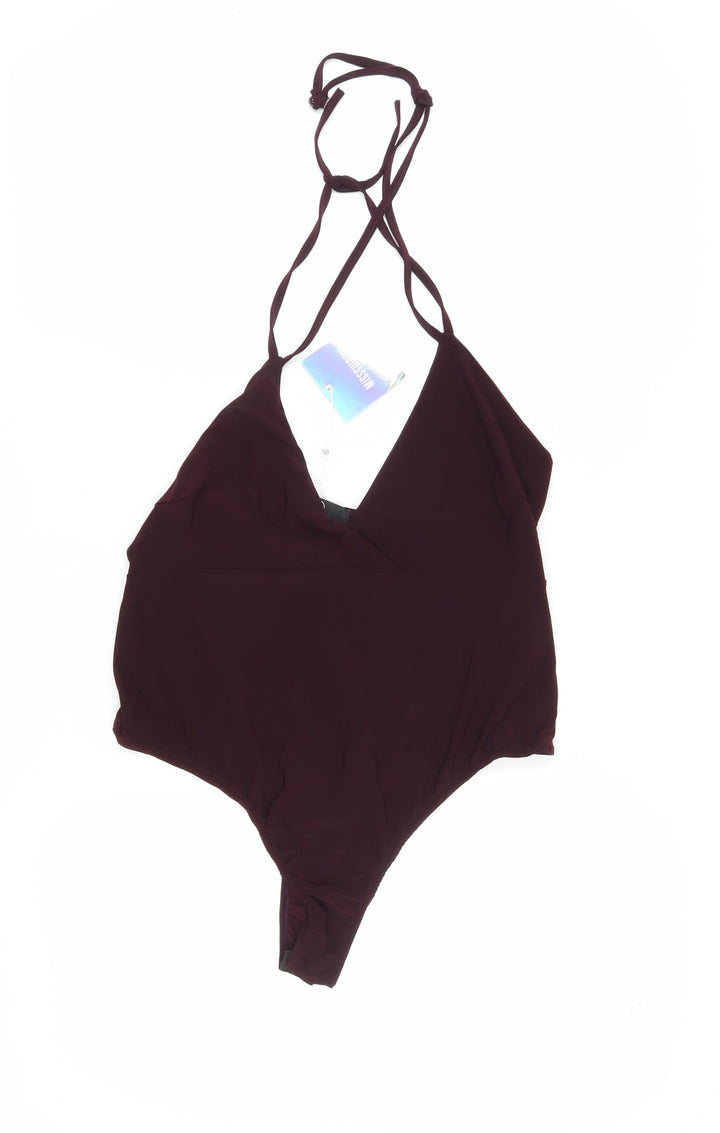 Missguided Women Brown Bodysuit, Size 16, V-Neck Party Wear