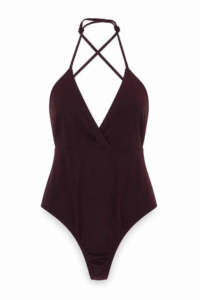 Missguided Women Brown Bodysuit, Size 16, V-Neck Party Wear