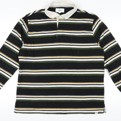 Marks and Spencer Men Black Striped Polo Shirt L