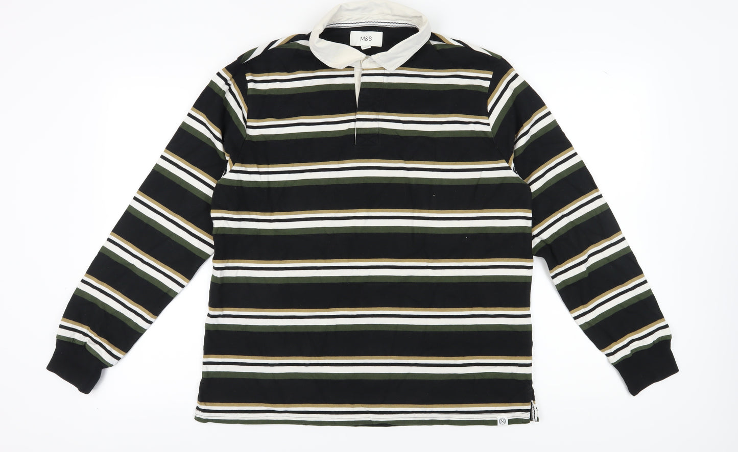 Marks and Spencer Men Black Striped Polo Shirt L