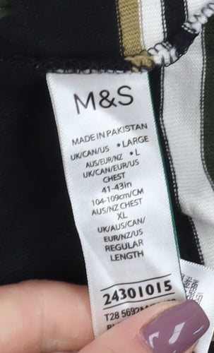 Marks and Spencer Men Black Striped Polo Shirt L