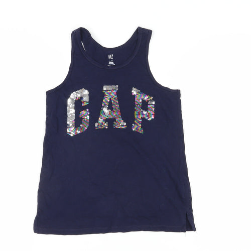 GAP Girls Blue Sequin Logo Tank Top, 12 Years, Cotton