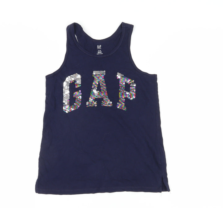 GAP Girls Blue Sequin Logo Tank Top, 12 Years, Cotton