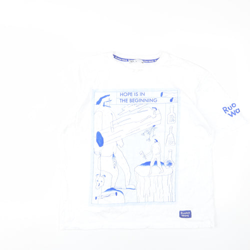 Zara Women White Graphic T-Shirt Medium Art Casual