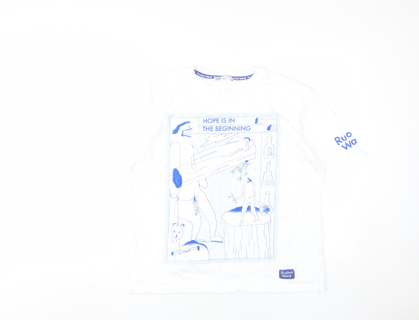 Zara Women White Graphic T-Shirt Medium Art Casual