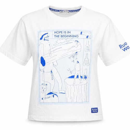 Zara Women White Graphic T-Shirt Medium Art Casual