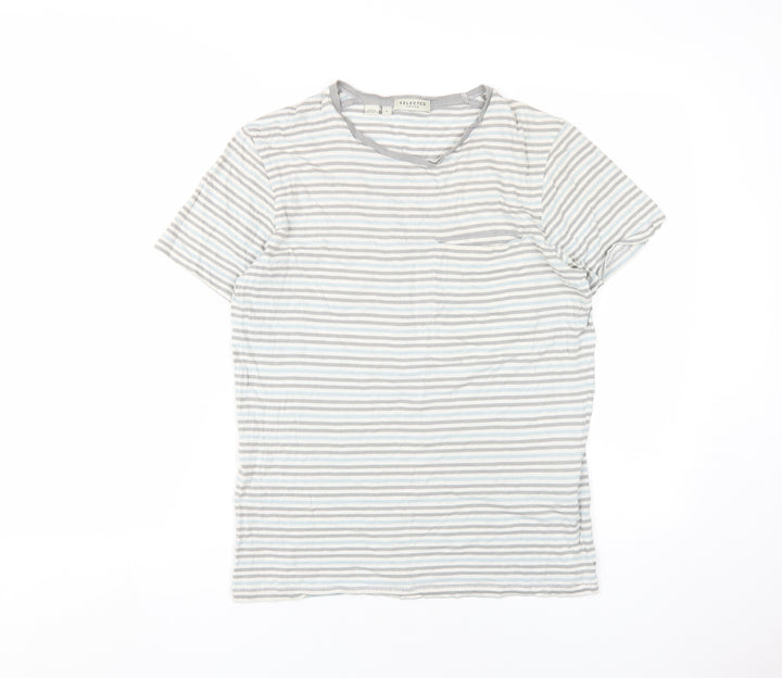 Selected Homme Men's Grey Striped Crew Neck T-Shirt S