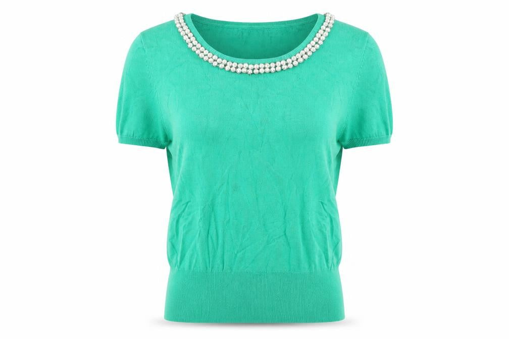 Front view of M&Co Women's Green Beaded Short Sleeve Top, size 14