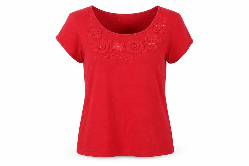 Front view of Marks & Spencer Women's Red Embroidered T-Shirt, size 14