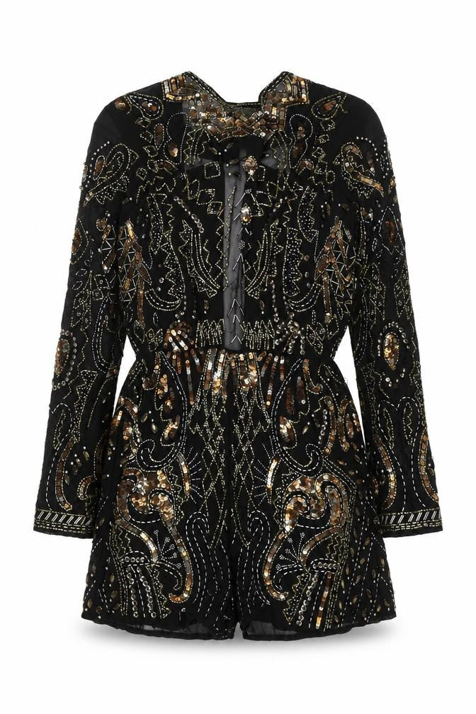 Front view of ASOS Women's Black Beaded Sequin Playsuit, size 4