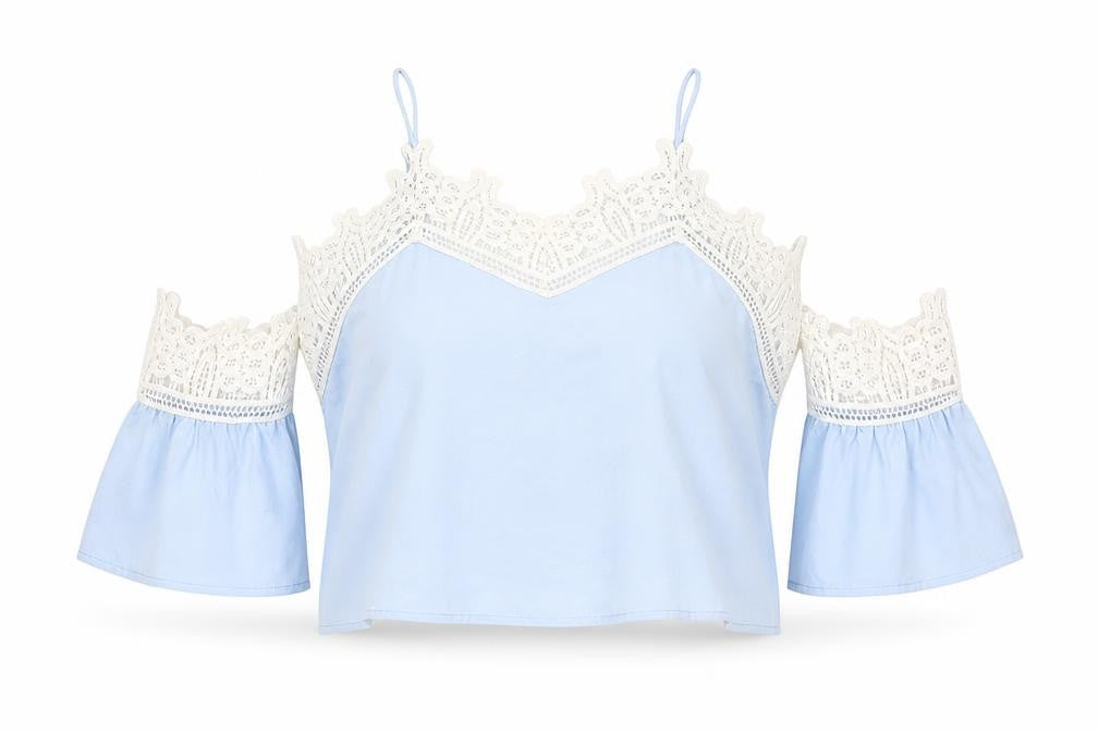 Front view of Love & Other Things Women's Blue Cropped Lace Blouse -, size S