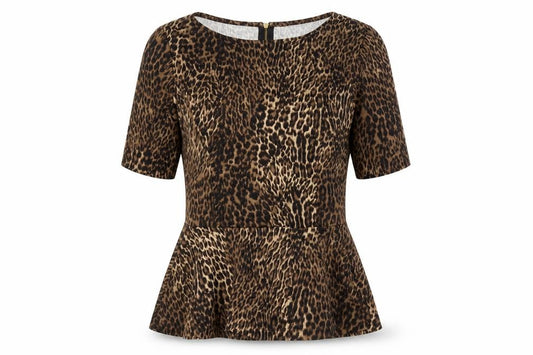 Front view of Warehouse Women's Brown Animal Print Blouse, size 6
