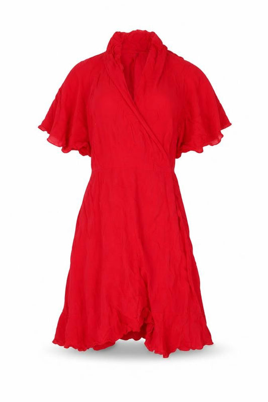 Front view of PRETTYLITTLETHING Red Wrap Dress, size 8, Women's Summer