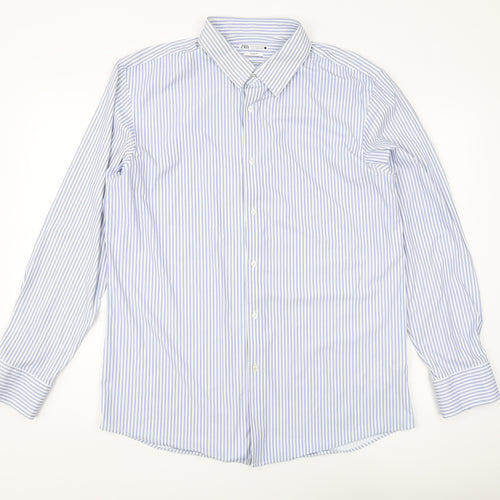 Zara Men's XL Blue Striped Slim Fit Button-Up Shirt