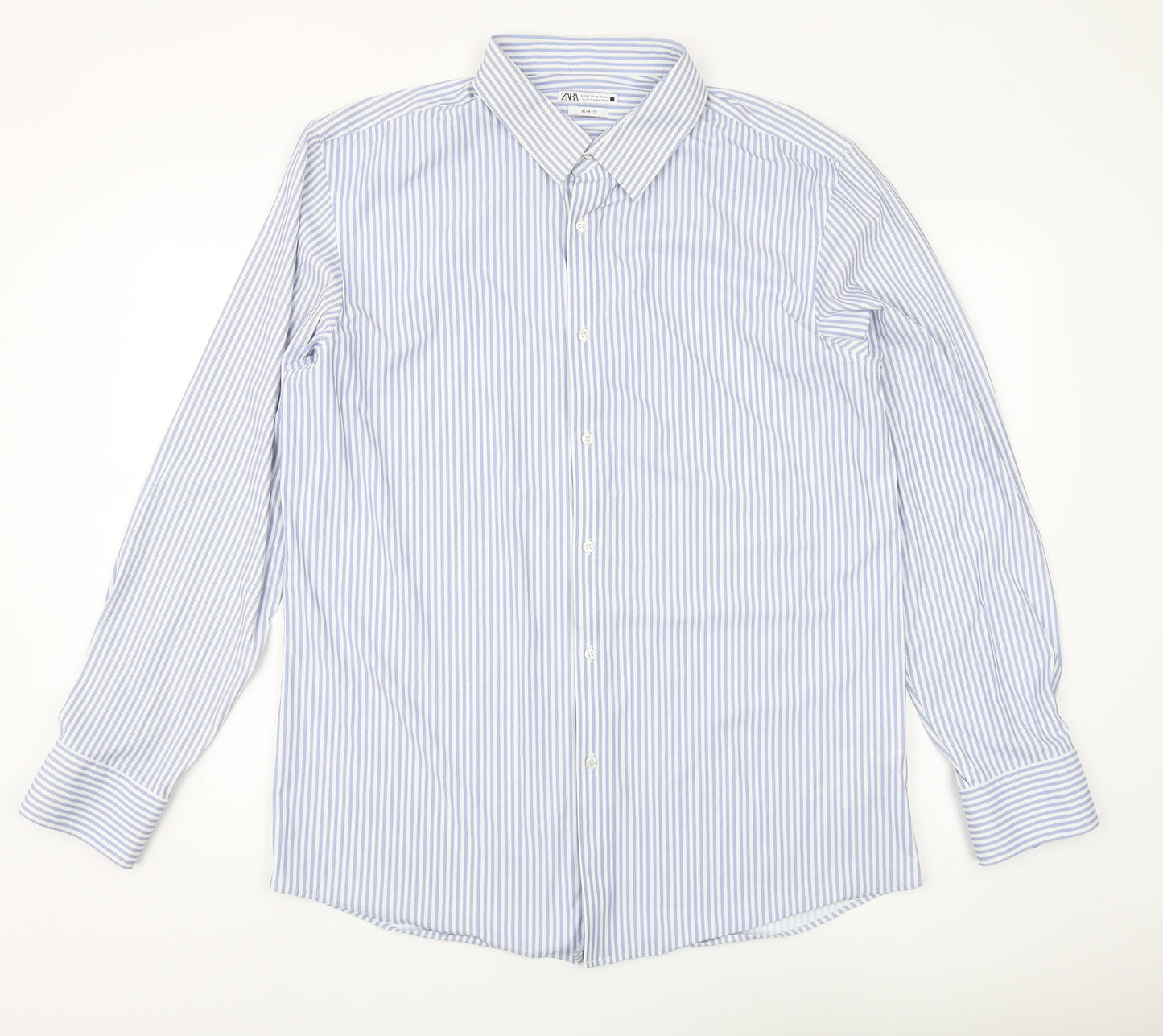 Zara Men's XL Blue Striped Slim Fit Button-Up Shirt