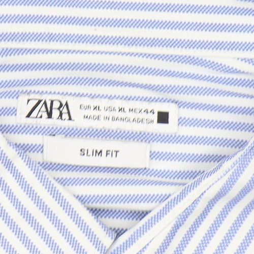 Zara Men's XL Blue Striped Slim Fit Button-Up Shirt