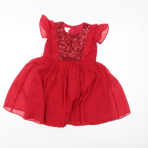 Monsoon Girls Red A-Line Party Dress 18-24M, Sequin & Ruffle Detail