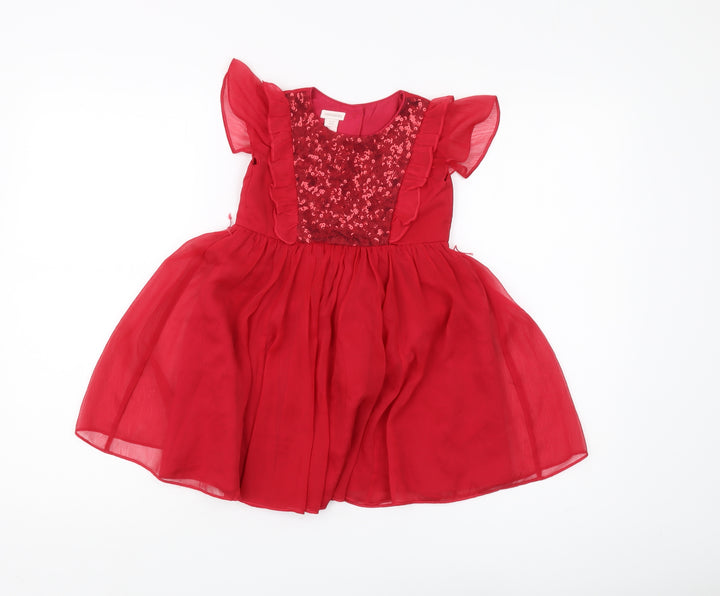 Monsoon Girls Red A-Line Party Dress 18-24M, Sequin & Ruffle Detail