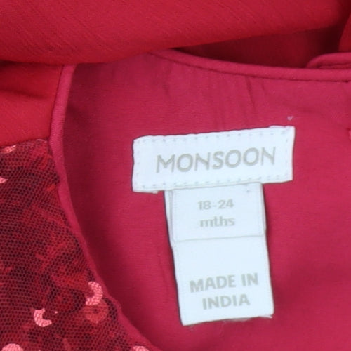 Monsoon Girls Red A-Line Party Dress 18-24M, Sequin & Ruffle Detail