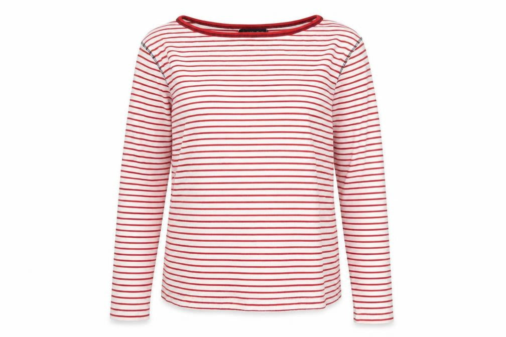 Front view of Bonmarché Women's Red Striped Long Sleeve T-Shirt