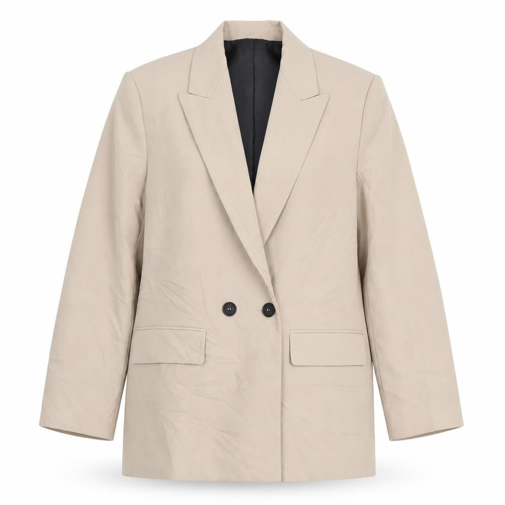 Front view of Zara Women's Beige Suit Jacket, size 8, Double-Breasted