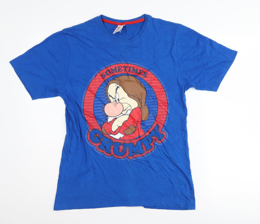 Front view of Disney Men's Blue Grumpy Cartoon T-Shirt, size S, Cotton