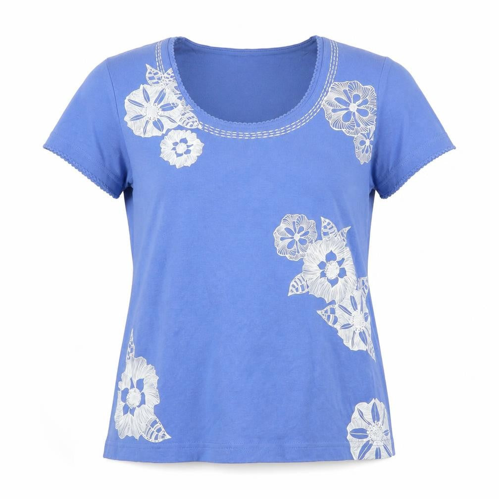 Front view of Dash Women's Blue Floral T-Shirt, size 10