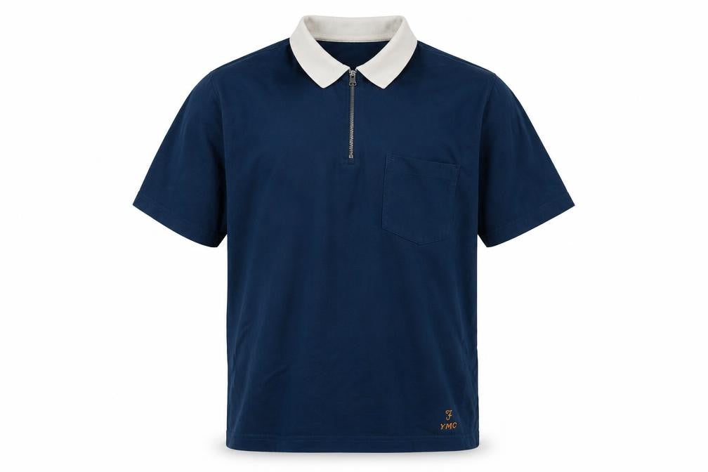 Front view of Farah Men's Blue Polo, size M, Short Sleeve