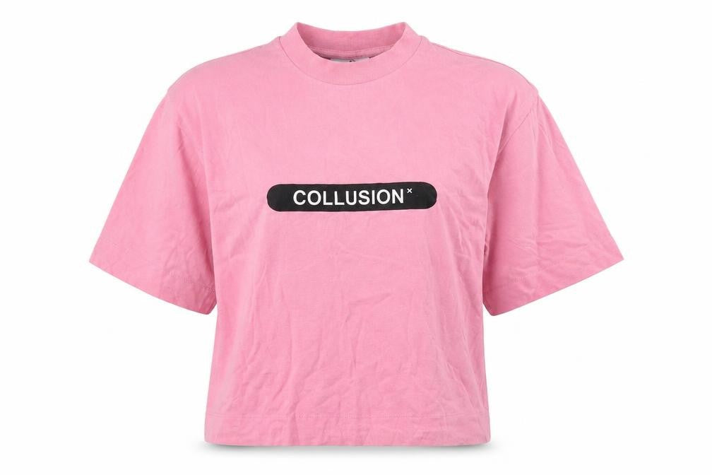 Front view of Collusion Women's Pink Crew Neck T-Shirt, size S