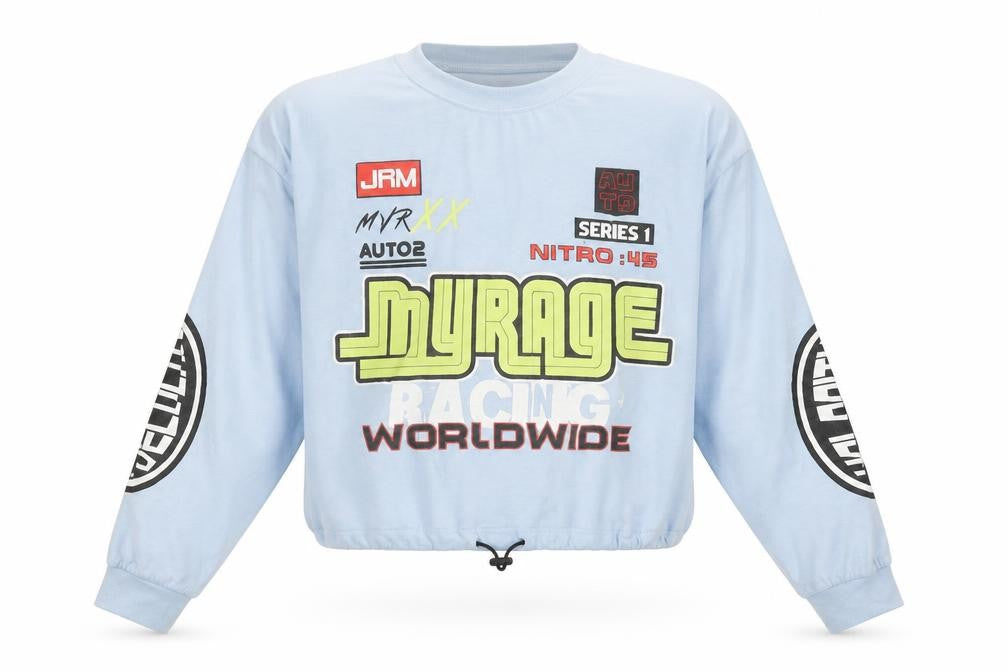 Front view of Urban Outfitters unisex kids blue racing graphic pullover xs